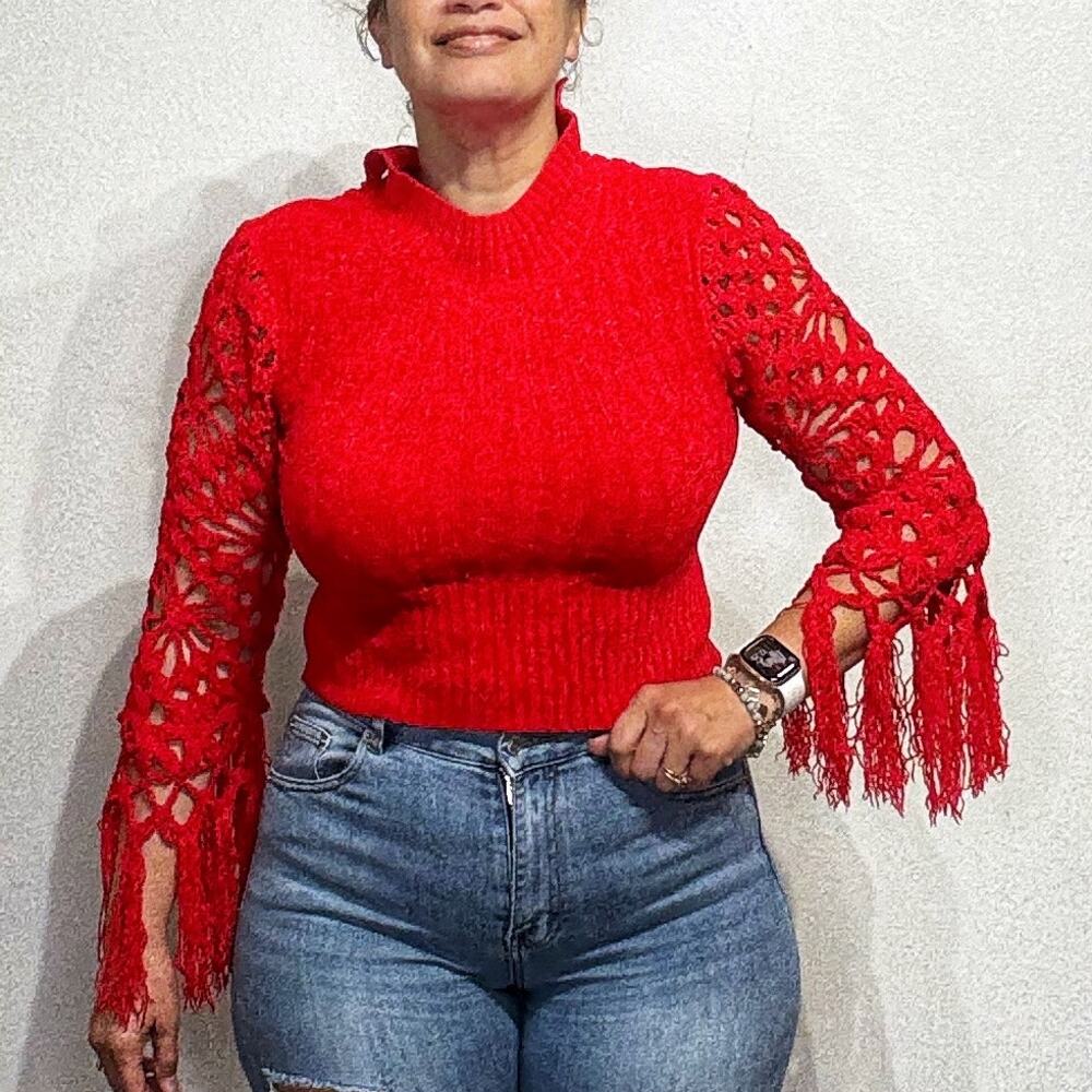 Michael Simon Sample Red Cropped Sweater Crochet Fringe Sleeve Top Sz M